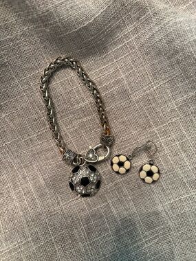 Silver tone  Soccer Ball Charm Bracelet with Soccer ball Earrings